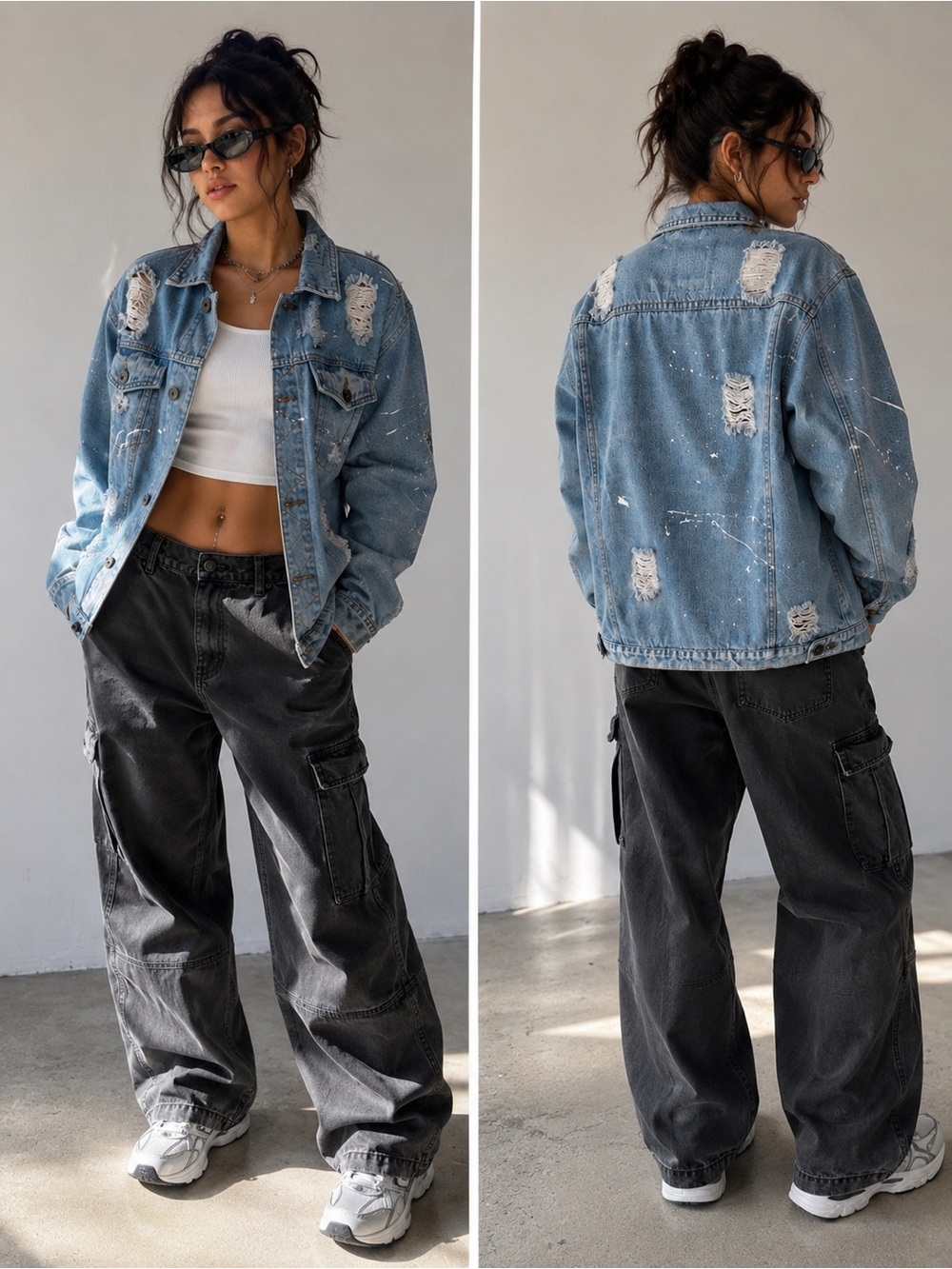 Vintage Distressed Denim Jacket Paint Splatter Grunge Y2K Small